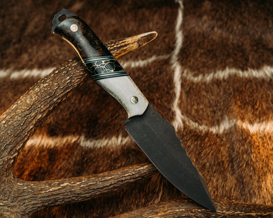 Field Knife (CruWear) - Black G10, White G10, Forest G10 and Brass Pin Striping, Black with Gold Web Tru-stone Split, Hawaiian Curly Koa, Mosaic Pins, Contoured Grip