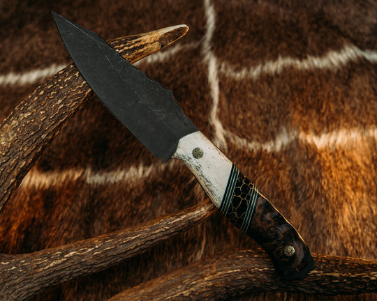 Field Knife (CruWear) - Black G10, White G10, Forest G10 and Brass Pin Striping, Black with Gold Web Tru-stone Split, Hawaiian Curly Koa, Mosaic Pins, Contoured Grip