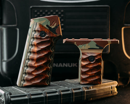 HFB x Kinetic AR Grip System SET - Desert Ironwood on Black, OD Green & Coyote G10, M81 Cerakote Frames, Snake Textured Grip