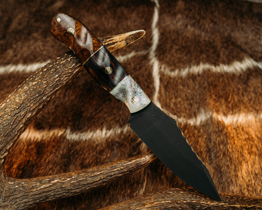 Field Knife (CruWear) - Brass Pin Striping, Desert Ironwood Split, Amboyna Burl, Mosaic Pins, brass Pin, Textured Grip