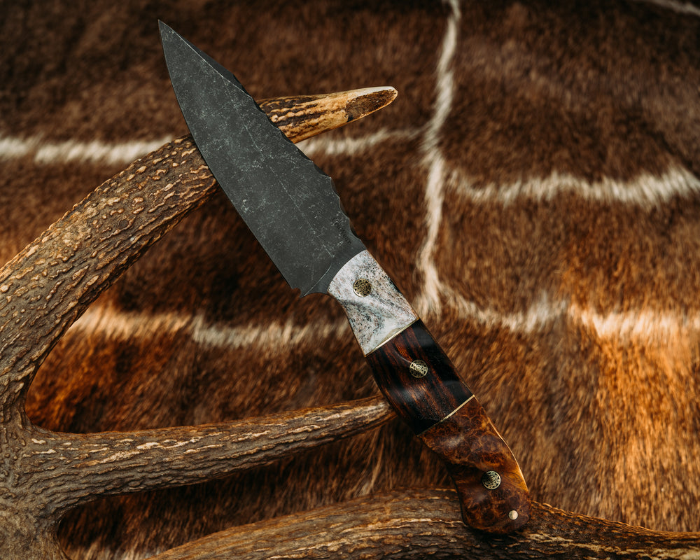 Field Knife (CruWear) - Brass Pin Striping, Desert Ironwood Split, Amboyna Burl, Mosaic Pins, brass Pin, Textured Grip