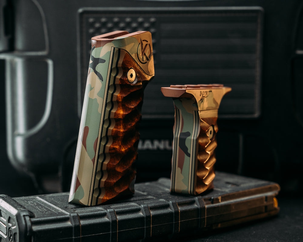 HFB x Kinetic AR Grip System SET - Desert Ironwood on Black, OD Green & Coyote G10, M81 Cerakote Frames, Snake Textured Grip