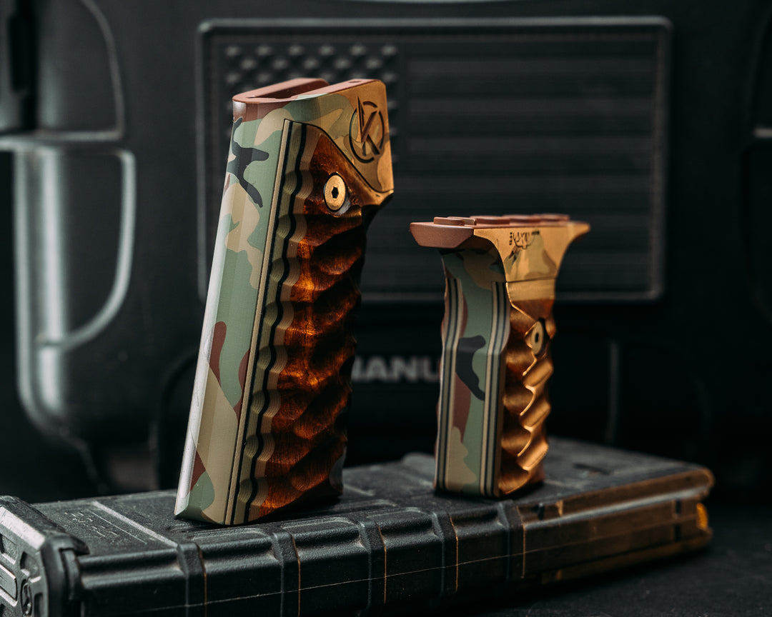 HFB x Kinetic AR Grip System SET - Desert Ironwood on Black, OD Green & Coyote G10, M81 Cerakote Frames, Snake Textured Grip