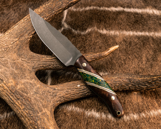 Crow Jr- Redwood Burl, Black G10, Brass, White G10 Pin Striping, Arizona Jade Tru-stone Split, Brass Pins, Brass Lanyard Pins, Smooth Grip