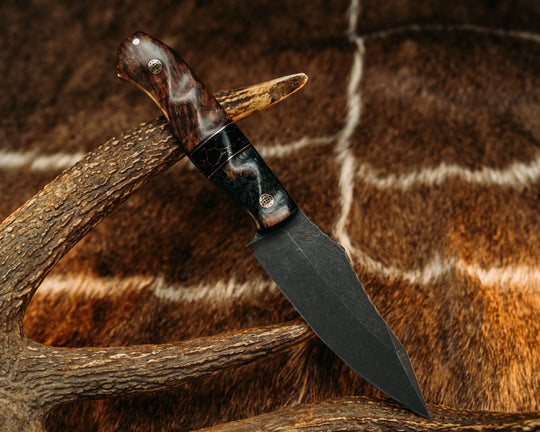 Field Knife (CruWear) - Maple over Carbon, Black G10 and Copper Pin Striping, Black with Copper Web Tru-stone Split, Maple, Mosaic Pins, 1/8" Copper Pin, Textured Grip