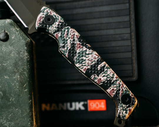 SHAW SHIV x HFB - Vietnam Tiger Stripe Hydro Dripped G10, OD Green Cerakote, Black Allen Bolts, Knurling Grip