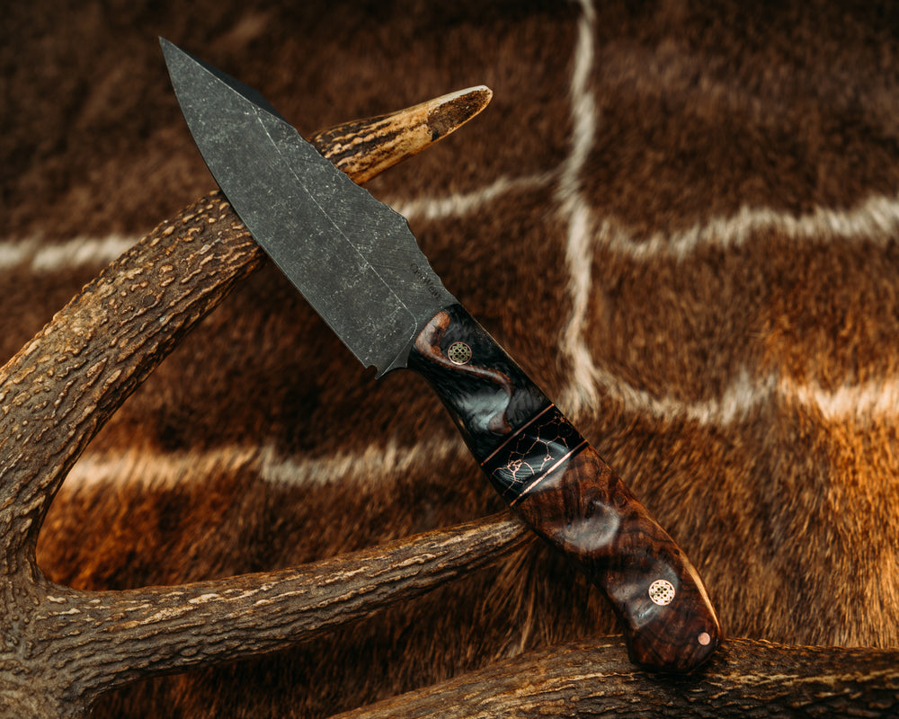 Field Knife (CruWear) - Maple over Carbon, Black G10 and Copper Pin Striping, Black with Copper Web Tru-stone Split, Maple, Mosaic Pins, 1/8" Copper Pin, Textured Grip