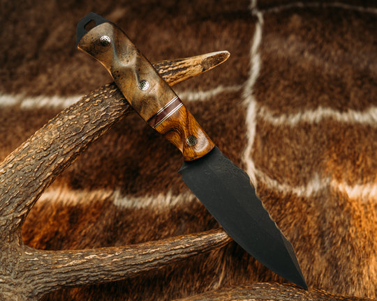 Field Knife (CruWear) - Desert Ironwood, Bronze and Black G10 Pin Striping, Brown Canvas Micarta Split, Teak, Mosaic Pins, Textured Grip