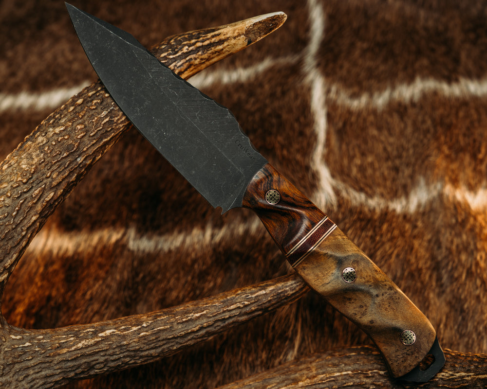 Field Knife (CruWear) - Desert Ironwood, Bronze and Black G10 Pin Striping, Brown Canvas Micarta Split, Teak, Mosaic Pins, Textured Grip
