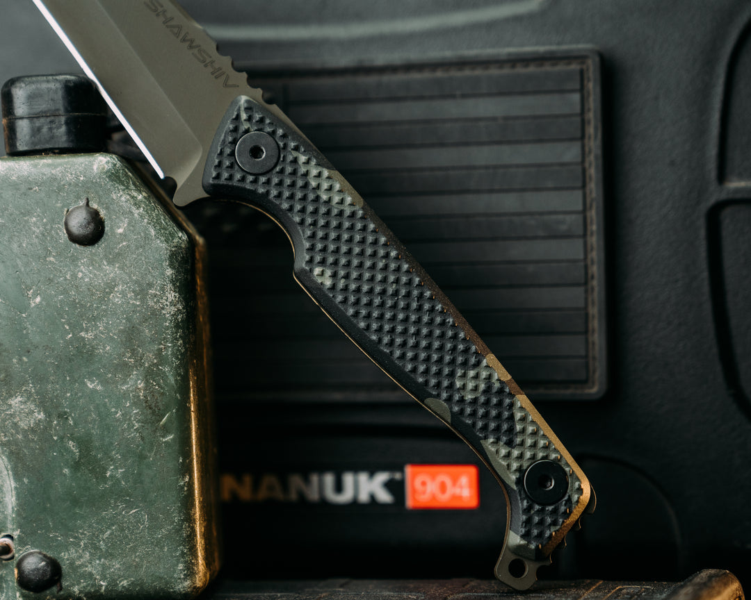 SHAW SHIV x HFB - Black Multi-Cam Hydro Dripped G10, OD Green Cerakote, Black Allen Bolts, Knurling Grip