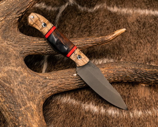 Field Knife Jr- Spalted Tamarind, Black G10, Cherry G10 and Desert Ironwood Split, Mosaic Pins, 1/8" Aluminum Pin, Textured Grip