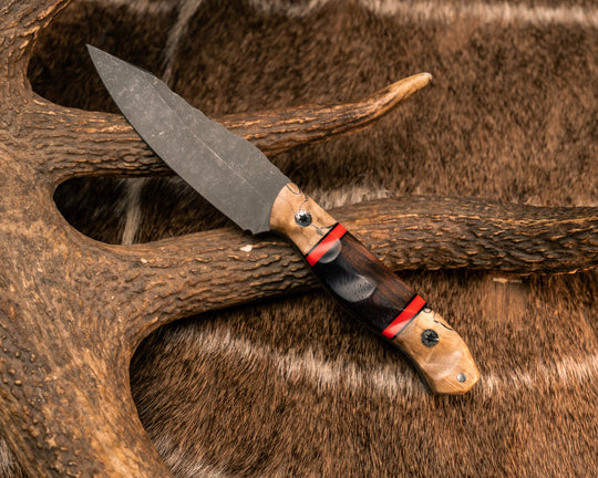 Field Knife Jr- Spalted Tamarind, Black G10, Cherry G10 and Desert Ironwood Split, Mosaic Pins, 1/8" Aluminum Pin, Textured Grip