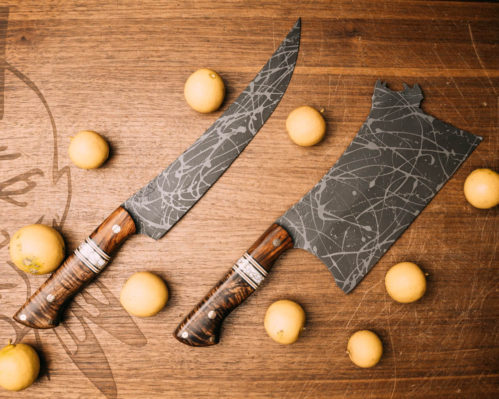 Meat Cleaver and Butcher Blade Set desert Ironwood, black G10, white