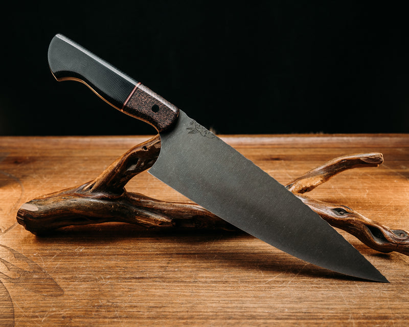 Chef Blade - Copper Infused Carbon, Black & Cherry G10 w/ Copper Pin Striping, Black Canvas Micarta, CF Pins, Smooth Grip.