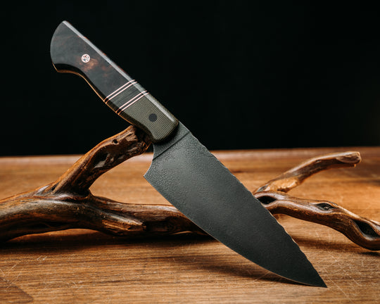 Chef Jr - OD Green Canvas Micarta, Black G10 & Copper Pin Striping, Navy SEAL AOR2 Cammie Micarta Split, Desert Ironwood, CF Pin, Patriot Mosaic Pin, Smooth Grip
