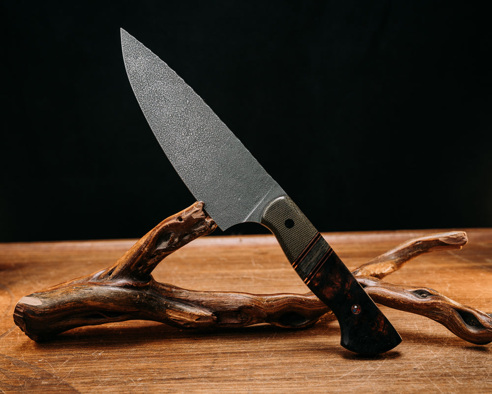 Chef Jr - OD Green Canvas Micarta, Black G10 & Copper Pin Striping, Navy SEAL AOR2 Cammie Micarta Split, Desert Ironwood, CF Pin, Patriot Mosaic Pin, Smooth Grip