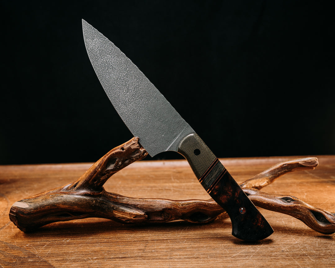 Chef Jr - OD Green Canvas Micarta, Black G10 & Copper Pin Striping, Navy SEAL AOR2 Cammie Micarta Split, Desert Ironwood, CF Pin, Patriot Mosaic Pin, Smooth Grip