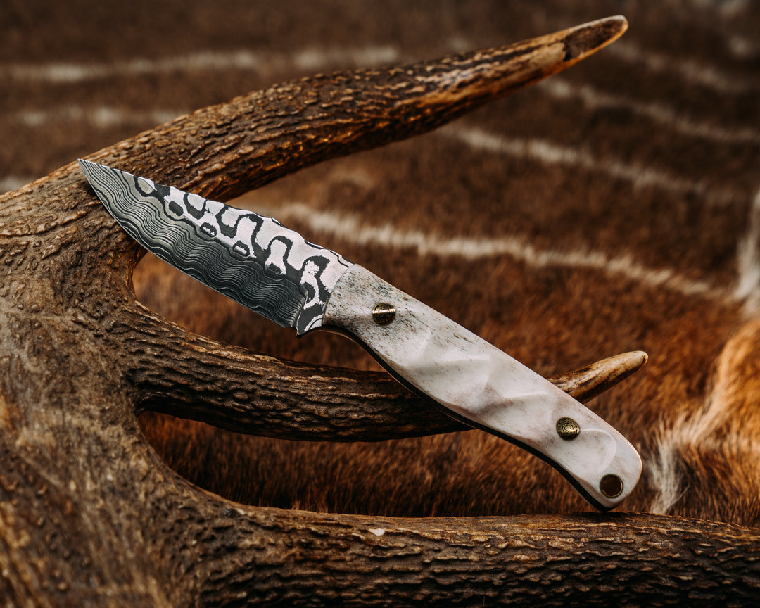 Crow Cub- Baker Forge Zeus Pattern Performance Stainless Damascus- Elk Antler Mosaic Pins, Brass Lanyard Pin, Textured Grip