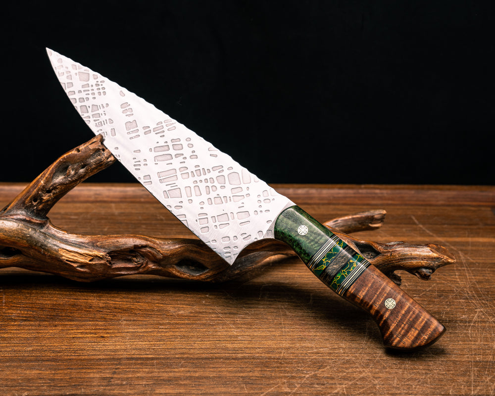 Chef Blade- Dyed Black Ash, Black G10, Brass and White G10 Pin Striping, Arizona Jade Tru-stone and Gold Dark Matter Carbon Split, Hawaiian Curly Koa, Mosaic Pins, Smooth Grip