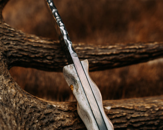 Crow Cub- Baker Forge Zeus Pattern Performance Stainless Damascus- Elk Antler Mosaic Pins, Brass Lanyard Pin, Textured Grip