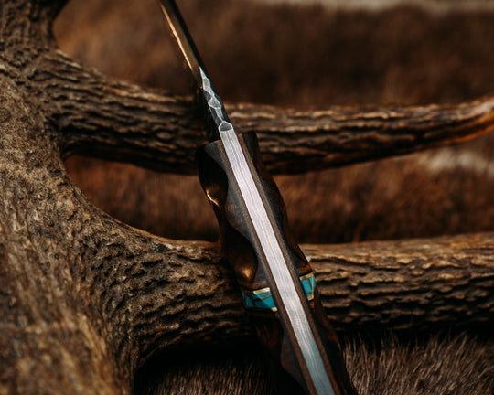 Crow Cub- Baker Forge Zeus Pattern Performance Stainless Damascus- Desert Ironwood, Natural Canvas Micarta, Black G10 and Brass Pin Striping, Turquoise with Gold Matrix Tru-stone Split, Mosaic Pins, Brass Lanyard Pin, Textured Grip