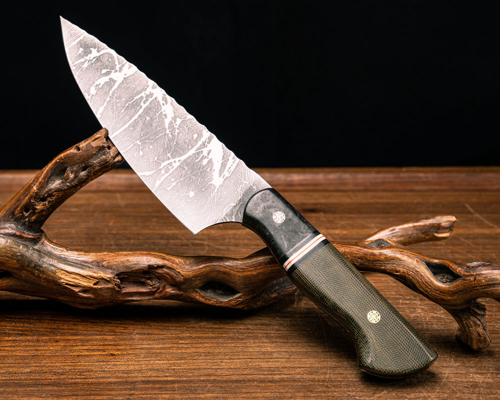 Chef Jr- Dyed Redwood, Black Canvas Micarta, White G10 andf Orange G10 Split, OD Green Canvas Micarta, Mosaic Pins, Smooth Grip