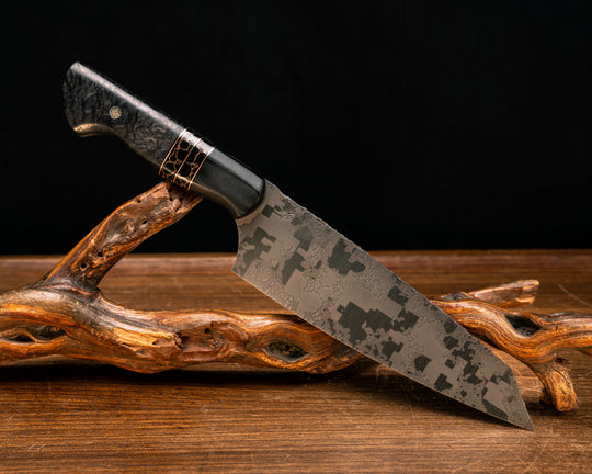 Santoku- Black G10, Copper and Black G10 Pin Striping, Black with Copper Web Tru-stone Split, CF Pin, Mosaic Pins, Smooth Grip