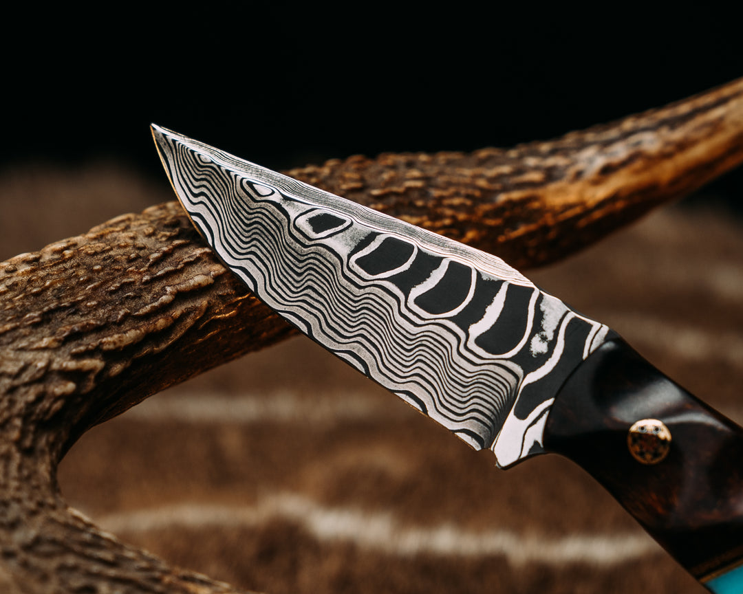 Crow Cub- Baker Forge Zeus Pattern Performance Stainless Damascus- Desert Ironwood, Natural Canvas Micarta, Black G10 and Brass Pin Striping, Turquoise with Gold Matrix Tru-stone Split, Mosaic Pins, Brass Lanyard Pin, Textured Grip