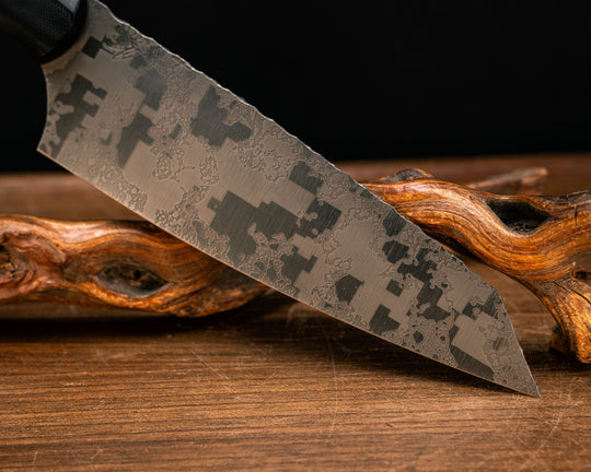 Santoku- Black G10, Copper and Black G10 Pin Striping, Black with Copper Web Tru-stone Split, CF Pin, Mosaic Pins, Smooth Grip