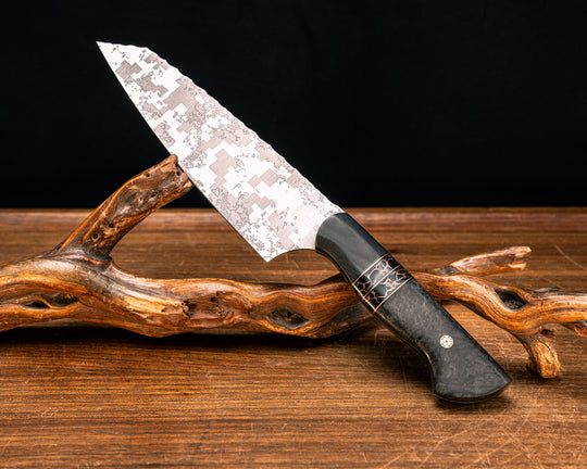 Santoku- Black G10, Copper and Black G10 Pin Striping, Black with Copper Web Tru-stone Split, CF Pin, Mosaic Pins, Smooth Grip