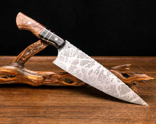 Chef Blade- Black Burlap Micarta, Black G10, OD Green G10, Copper and Black Canvas Micarta Split, Maple, Mosaic Pins, Smooth Grip