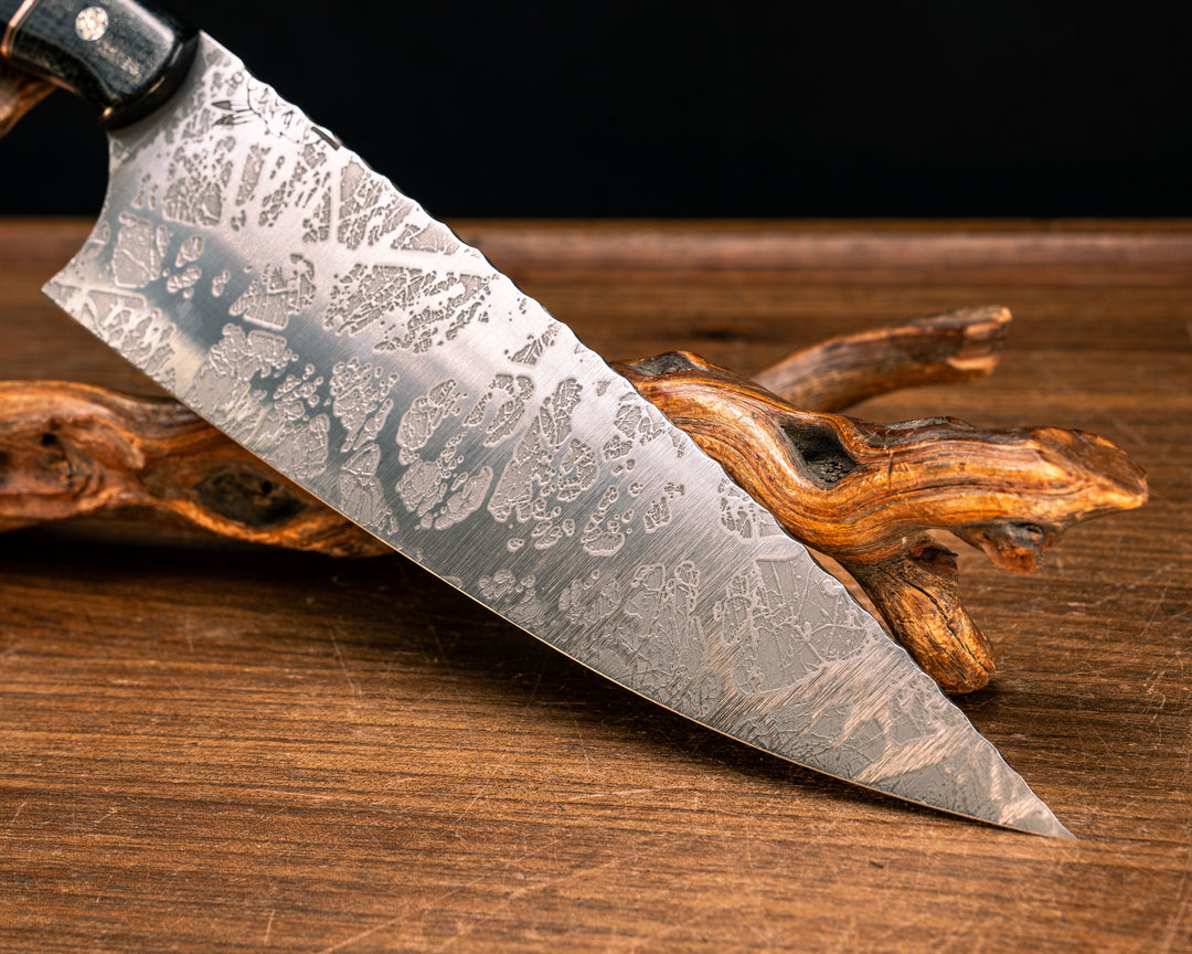 Chef Blade- Black Burlap Micarta, Black G10, OD Green G10, Copper and Black Canvas Micarta Split, Maple, Mosaic Pins, Smooth Grip