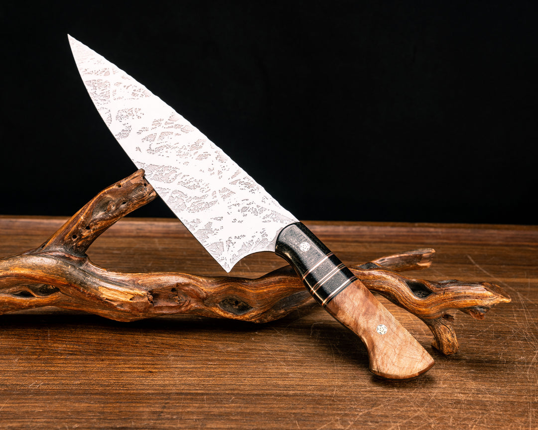 Chef Blade- Black Burlap Micarta, Black G10, OD Green G10, Copper and Black Canvas Micarta Split, Maple, Mosaic Pins, Smooth Grip