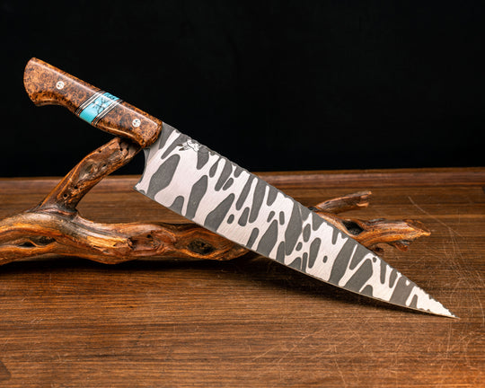 Chef Blade 10"- Amboyna Burl, Black G10, Copper and White G10 Pin Striping, Turquoise with Black Matrix Tru-stone Split, Patriot Mosaic Pins, Smooth Grip