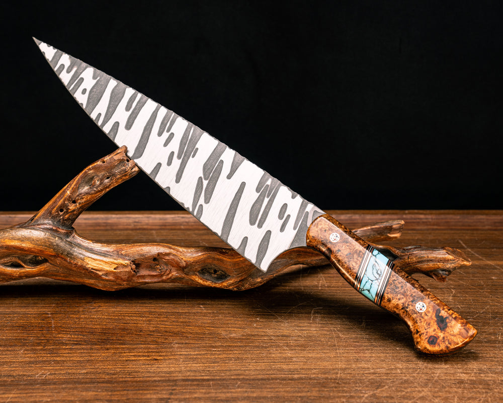 Chef Blade 10"- Amboyna Burl, Black G10, Copper and White G10 Pin Striping, Turquoise with Black Matrix Tru-stone Split, Patriot Mosaic Pins, Smooth Grip