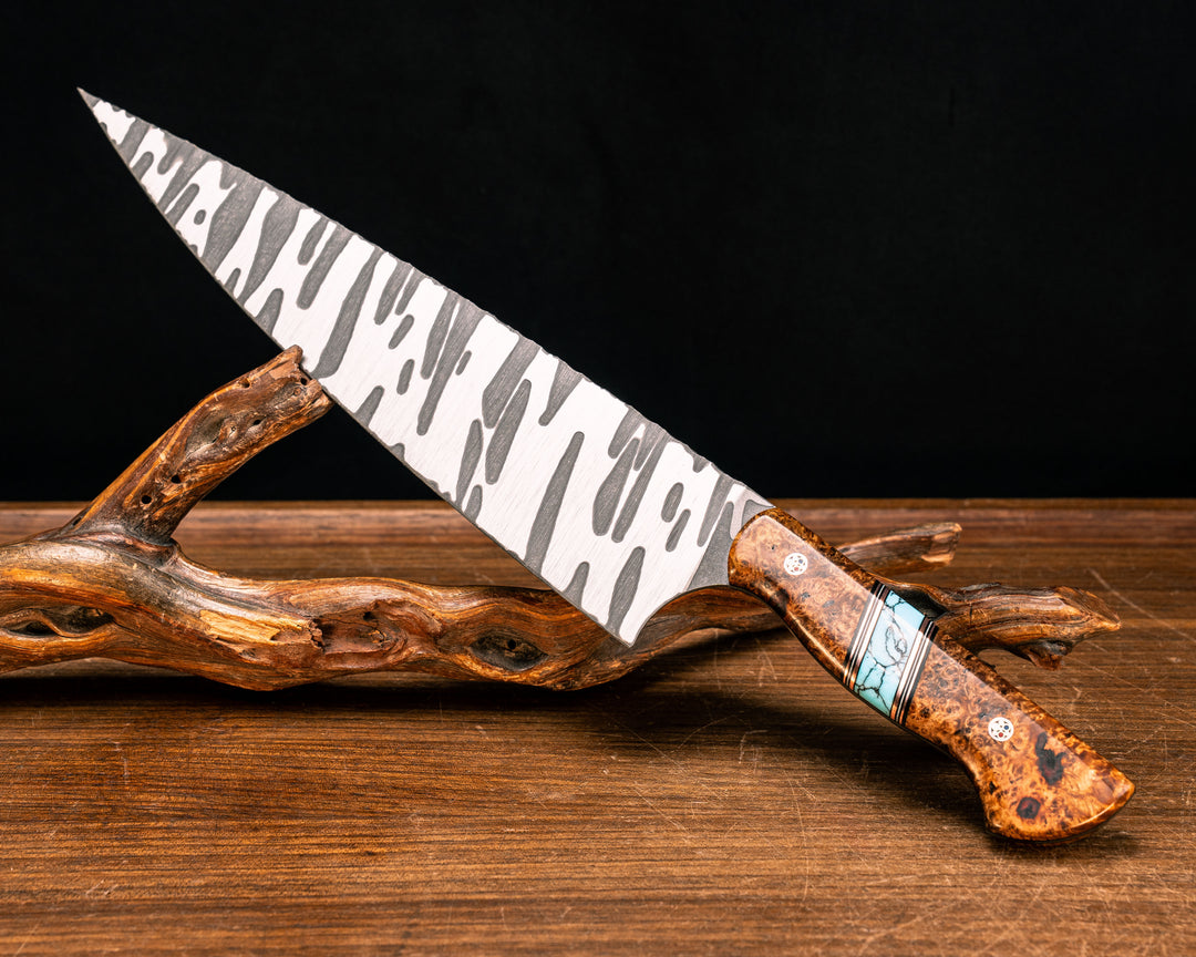 Chef Blade 10"- Amboyna Burl, Black G10, Copper and White G10 Pin Striping, Turquoise with Black Matrix Tru-stone Split, Patriot Mosaic Pins, Smooth Grip