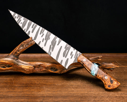 Chef Blade 10"- Amboyna Burl, Black G10, Copper and White G10 Pin Striping, Turquoise with Black Matrix Tru-stone Split, Patriot Mosaic Pins, Smooth Grip
