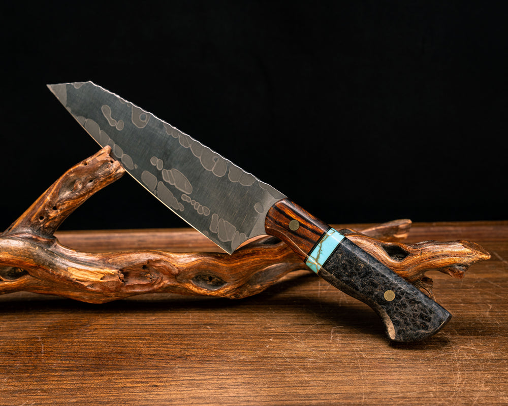 Santoku- Desert Ironwood, Black G10 and Brass Pin Striping, Turquoise with Gold Web Tru-stone Split, Dyed Maple, Brass Pin, Smooth Grip