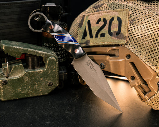 Ringed Tac Tanto- Black Diamond Richlite, Black G10, Copper, White G10 and Blue G10 Pin Striping, Sodalite Tru-stone Split, Copper Pins, Textured Grip