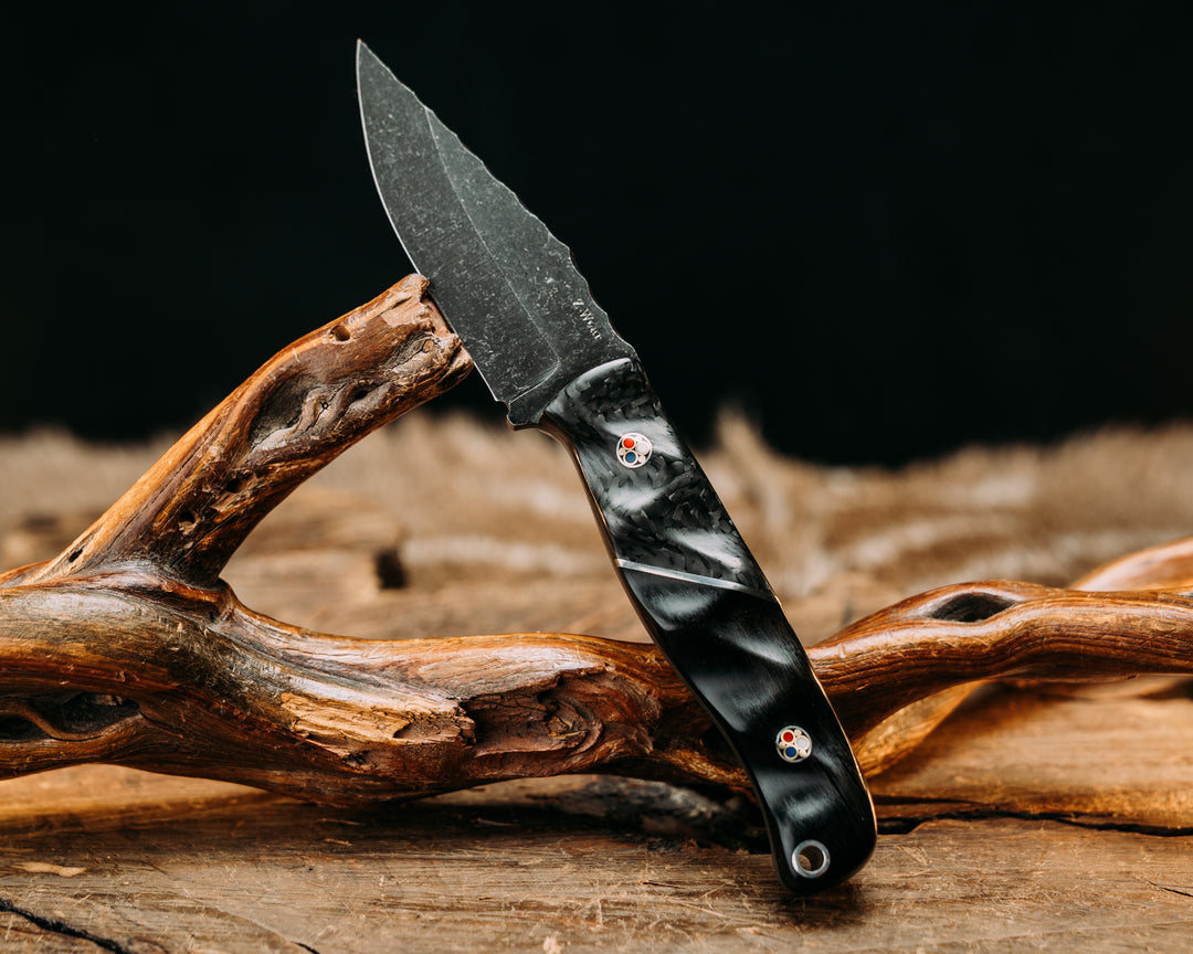 Crow Cub- Z-Wear Steel- Carbon Fiber, Aluminum Split, African Blackwood, Patriot Mosaic Pins, Aluminum Lanyard Pin, Textured Grip