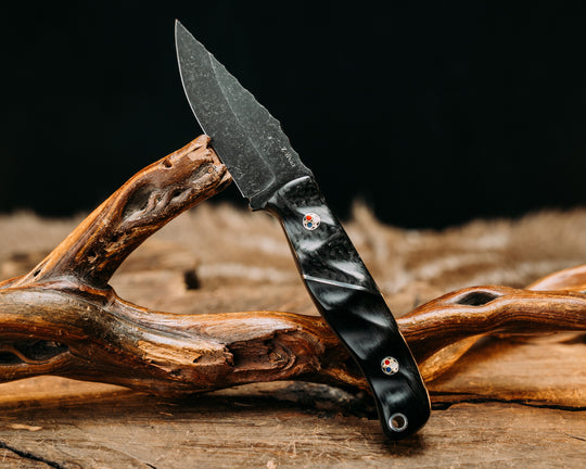 Crow Cub- Z-Wear Steel- Carbon Fiber, Aluminum Split, African Blackwood, Patriot Mosaic Pins, Aluminum Lanyard Pin, Textured Grip
