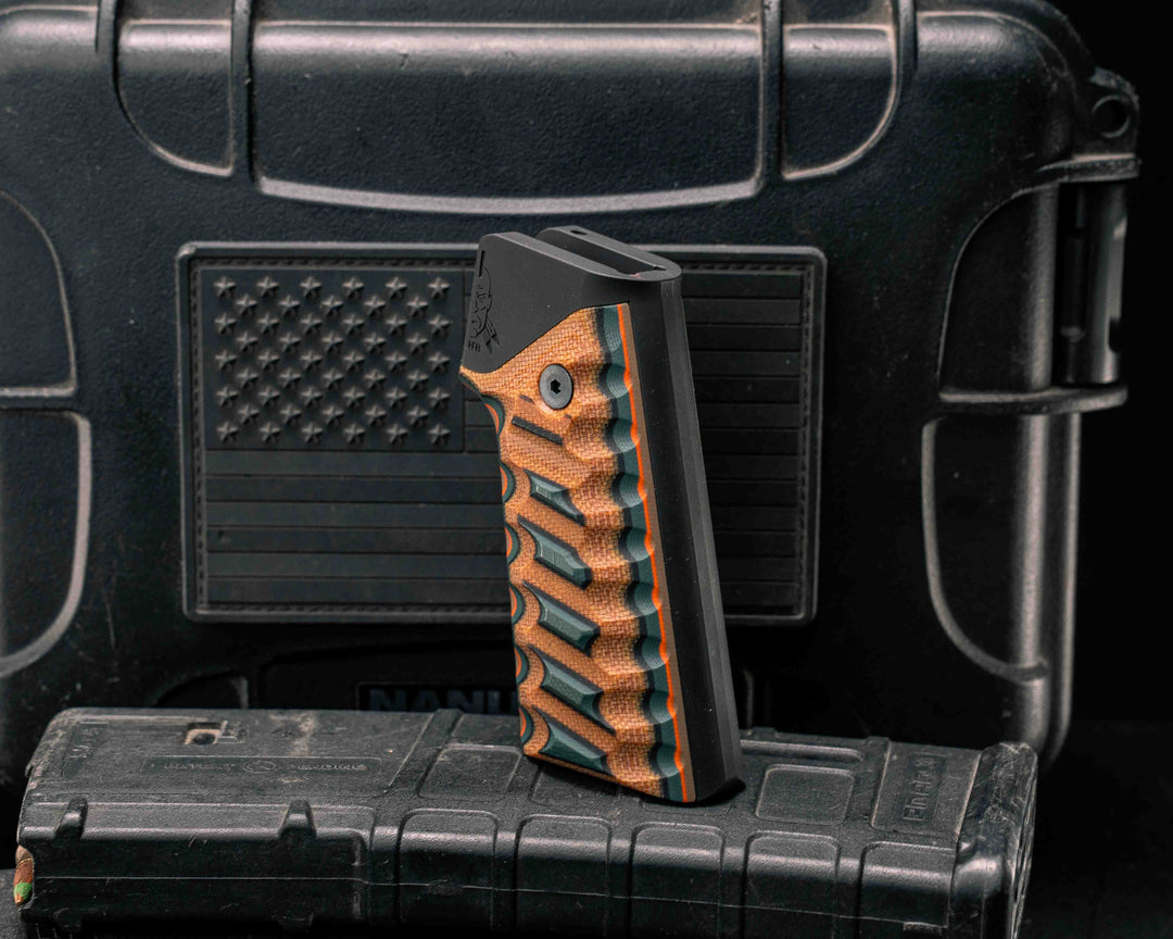 HFB x Kinetic AR Grip System - Layered Forest Green G10, Black G10, Natural Canvas Micarta, Black G10, Forest Green G10, Orange G10 and Coyote G10, Black Anodization, Snake Grip