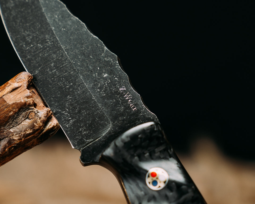 Crow Cub- Z-Wear Steel- Carbon Fiber, Aluminum Split, African Blackwood, Patriot Mosaic Pins, Aluminum Lanyard Pin, Textured Grip