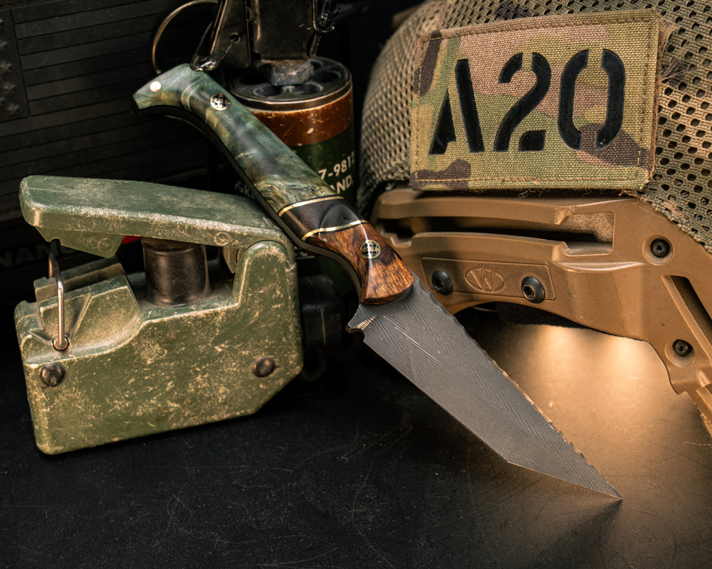 SHAW SHIV x HFB - Vegas Forge Lightning Damascus - Katalox, Black G10 and Brass Pin Striping, Ironwood split, Dyed Maple, Mosaic Pins, 1/8" Brass Pin, Smooth Grip