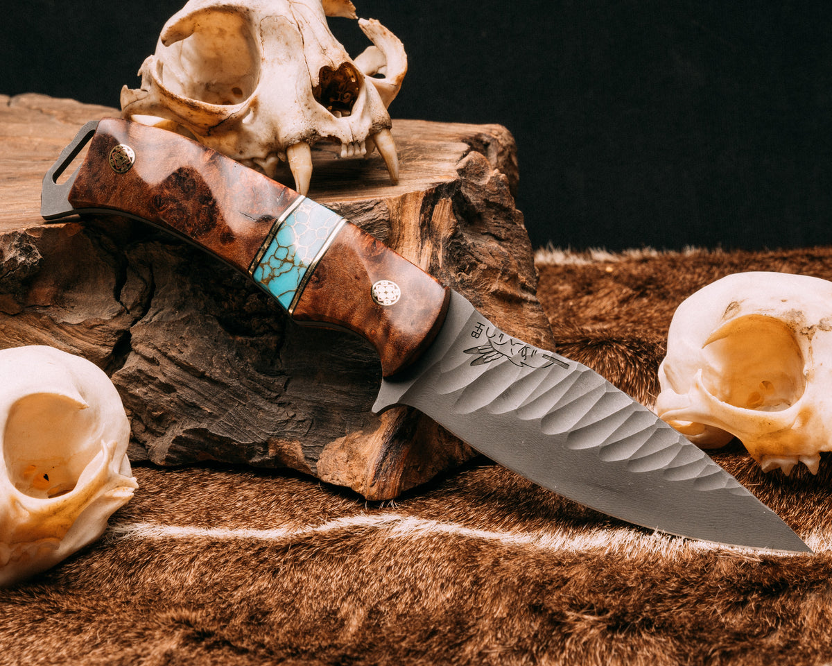 Ishi dyed black ash burl, black G10 and brass pin striping, turquoise