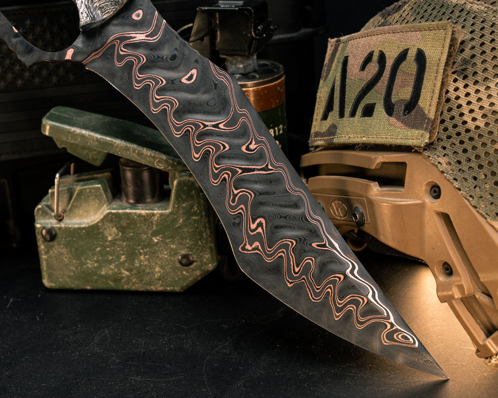 Modified Trench Bowie- Baker Forge Riptide CopperMai Damascus- Silver Carbon, Copper Pins, Textured Grip