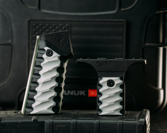 HFB x Kinetic AR Grip System SET - Black & White G10 w/ Toxic Green G10 Liners, Armor Black Cerakote Frames, Snake Textured Grip