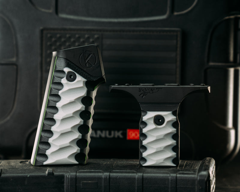 HFB x Kinetic AR Grip System SET - Black & White G10 w/ Toxic Green G10 Liners, Armor Black Cerakote Frames, Snake Textured Grip