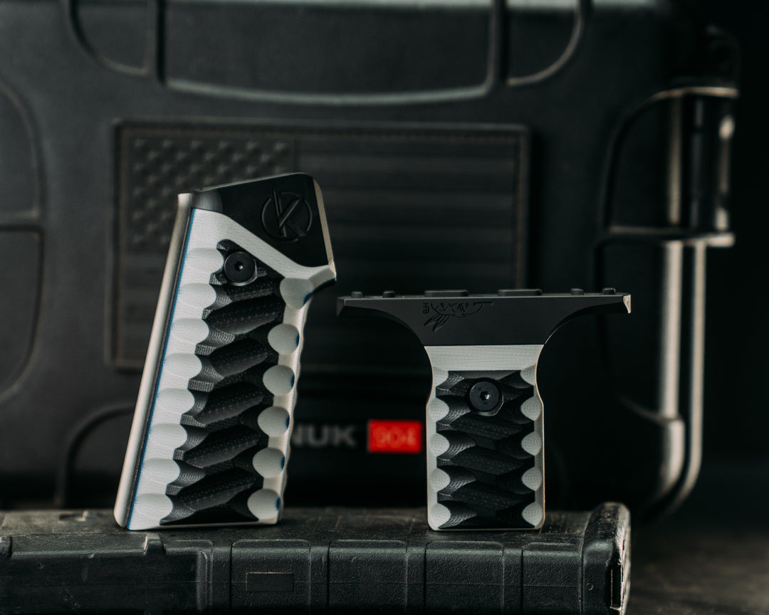HFB x Kinetic AR Grip System SET - Black & White G10 w/ Blue G10 Liners, Armor Black Cerakote Frames, Snake Textured Grip