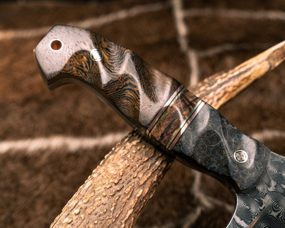 American Bowie - Baker Forge Raindrop Pattern Damascus- Dyed Maple, Black G10, Copper and Brass Pin Striping, Weru Split, Pheasantwood, Mosaic Pins, Copper Lanyard Pin, Textured Grip